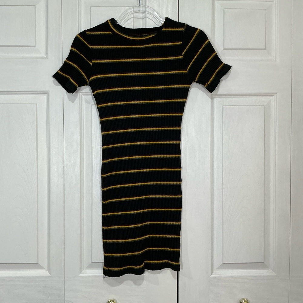 🩷 Zara Trafa Luc Black Ribbed Striped Body Con Mini Dress - Medium (00816)